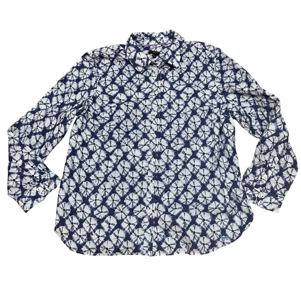 Talbots Women XL Petite Blue White Shibori Tie Dye Cotton Button Down Shirt NWOT